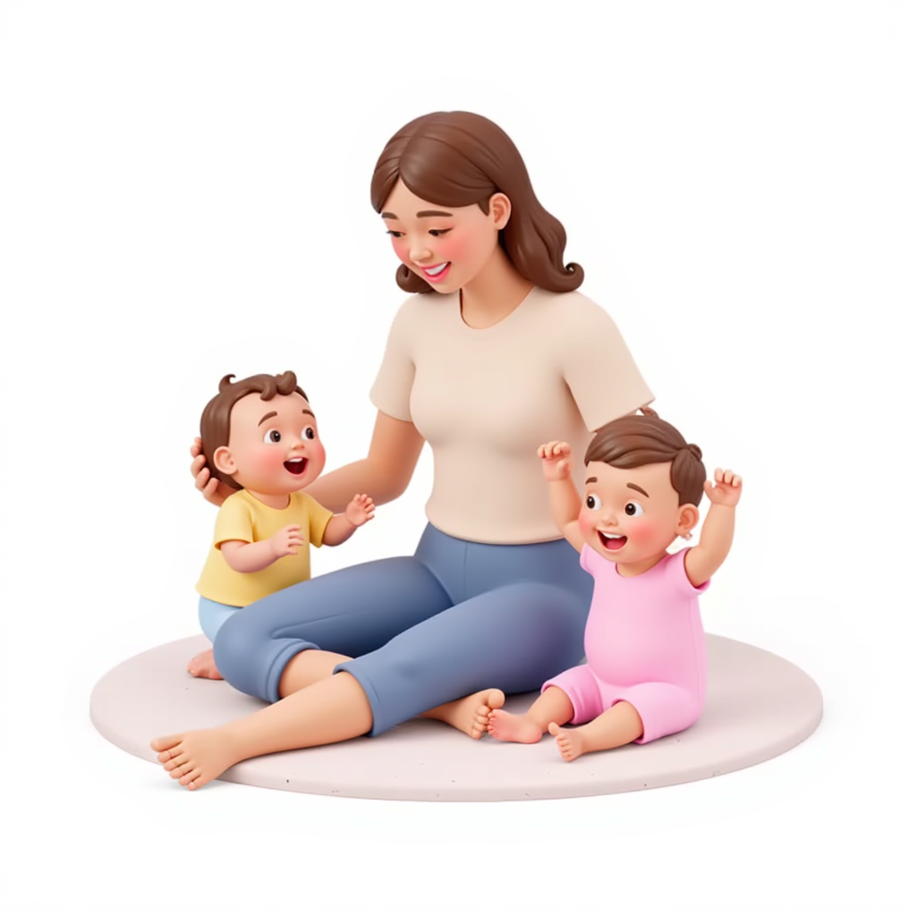 Caregiver playing happily with babies