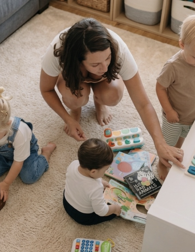 Caregiver playing with children at home