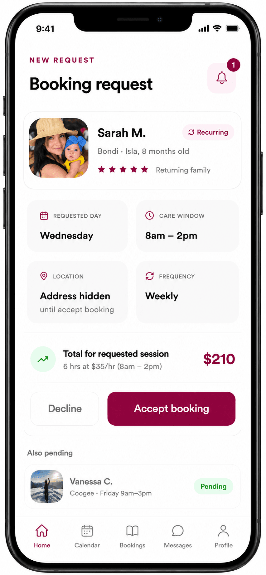 Booking request with accept and decline actions