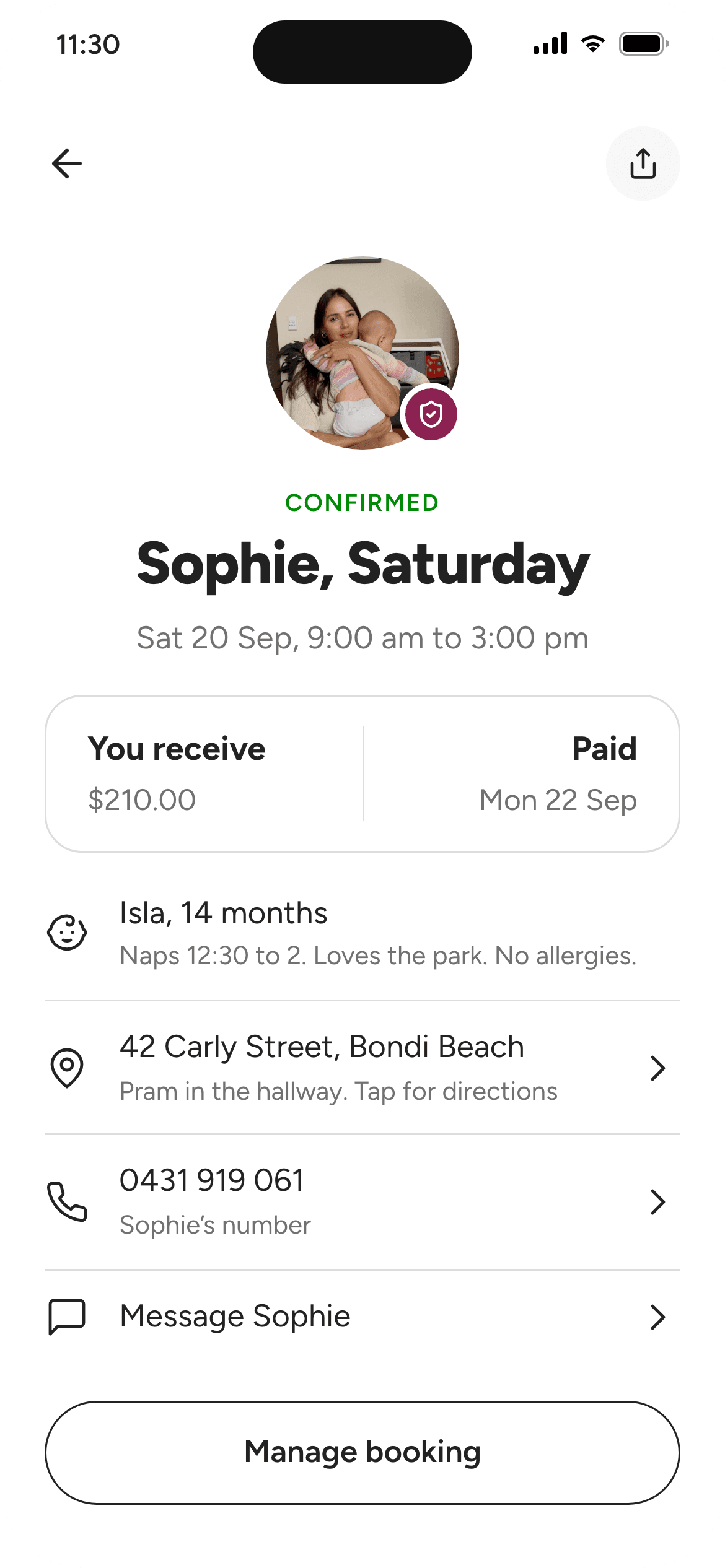 A confirmed booking on Vivaly: the family, the address, the child, your notes