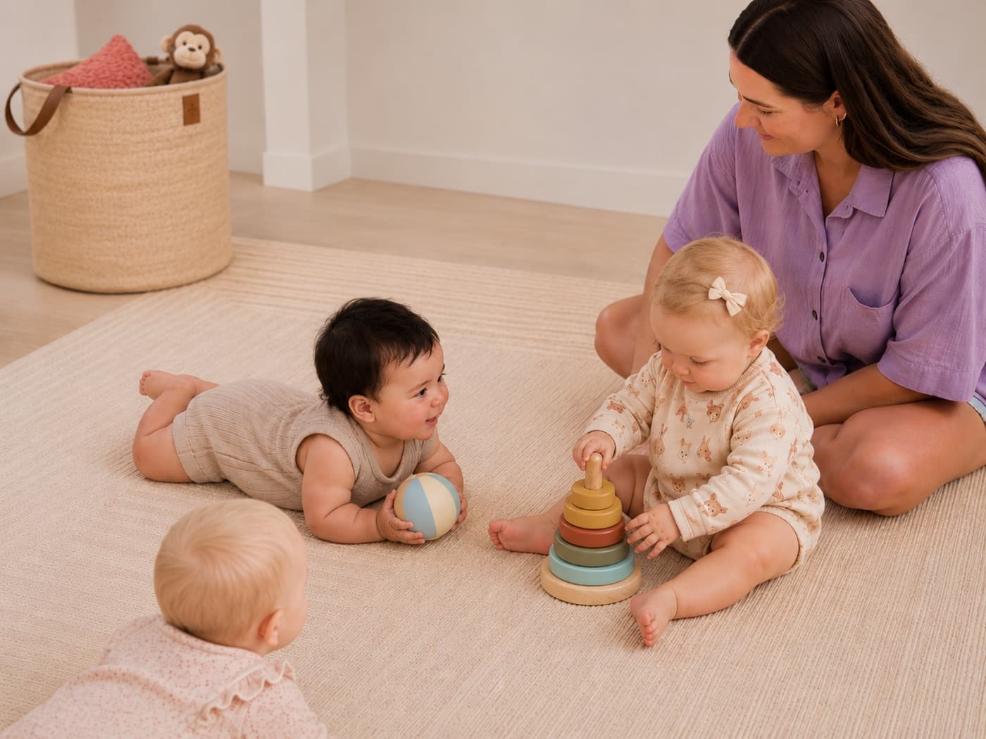 A nanny playing with babies on a rug at home